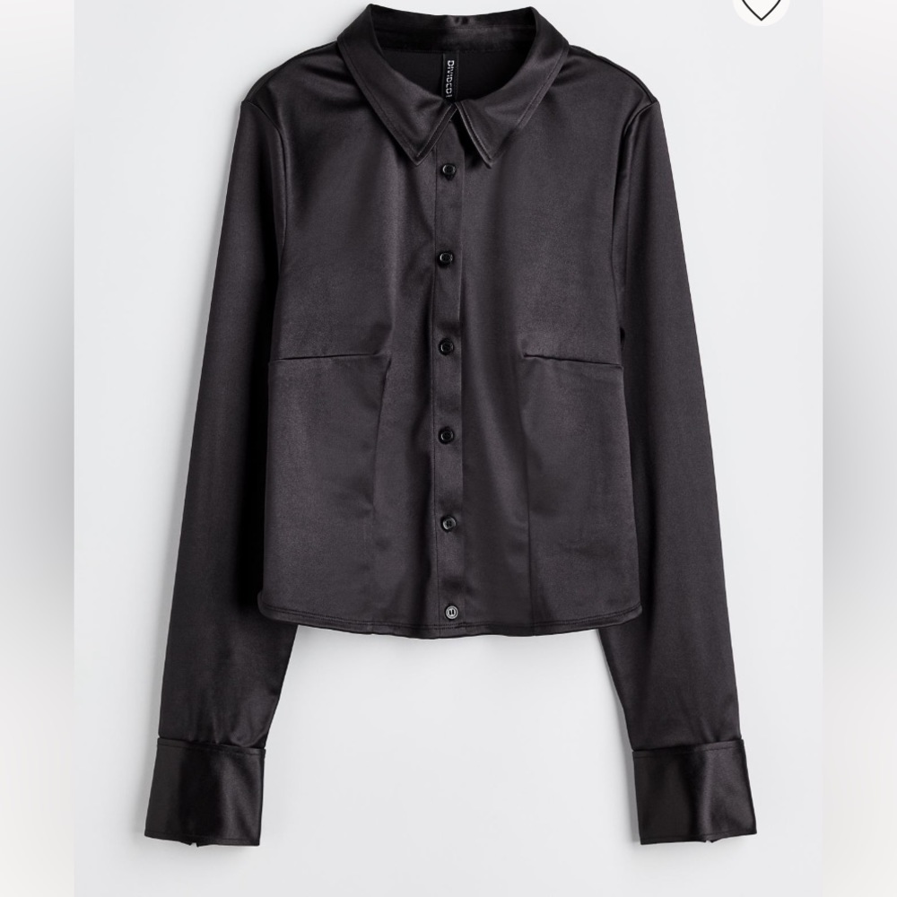 NWT Divided by H&M black, stretchy satin button down blouse, Sz. 3XL.